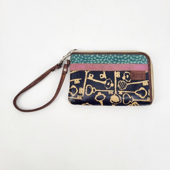 Fossil Key Per Wristlet Wallet Zipper Leather Printed Canvas Blue Pink Brown - Picture 1 of 6